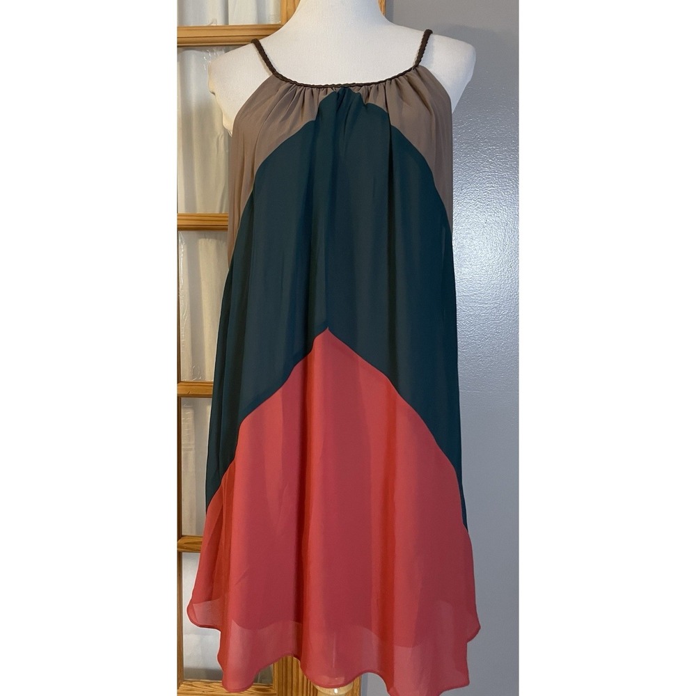 Y2K Double Zero Belted Shift Mini Dress Sz M Colorblock Red Green Braided Strap